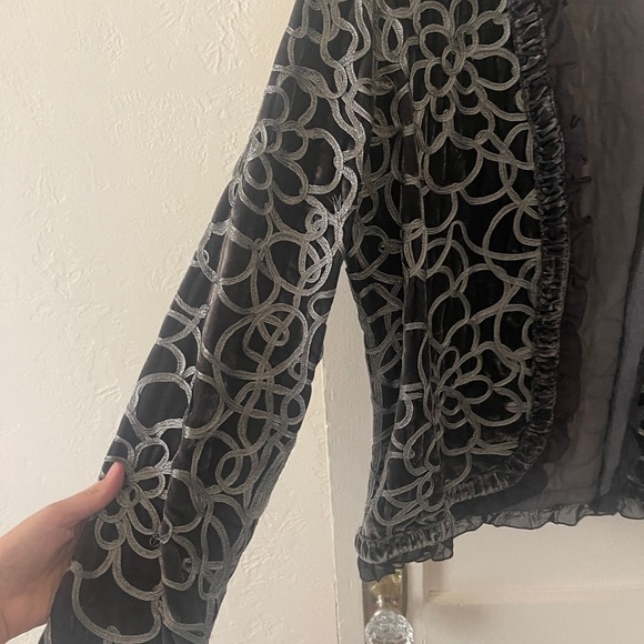 VTG CHICO Grey Metallic floral JACKET Blazer Bohemian Ruffle Artisan Sz 2 - Picture 6 of 11